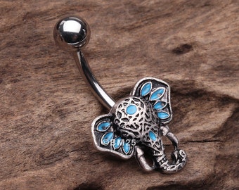 Ganesha Elephant Head Belly Button Ring-Blue