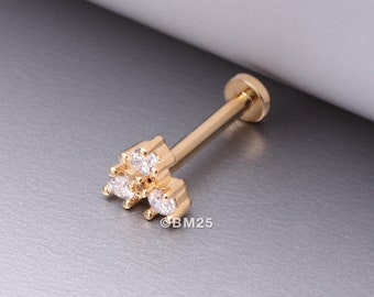 Golden Trinity Sparkle Prong Set Top Internally Threaded Steel Flat Back Stud Labret-Clear Gem