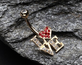 Golden Charming LOVE Belly Button Ring-Clear Gem/Red