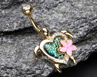 Golden Hawaiian Flower Turtle Opal Sparkle Belly Button Ring-Clear Gem/Black