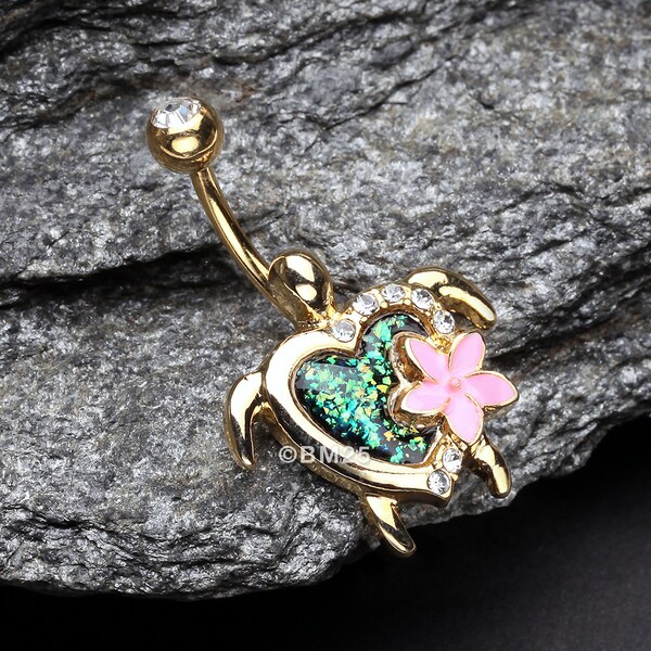 Golden Hawaiian Flower Turtle Opal Sparkle Belly Button Ring-Clear Gem/Black