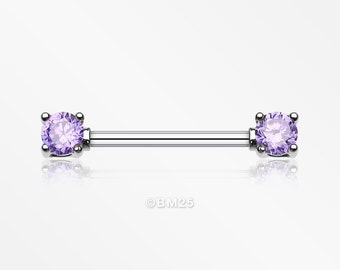 A Pair of Double Prong Gem Nipple Barbell Ring - Tanzanite