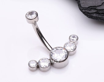 Implant Grade Titanium Journey Curve Sparkle Internally Threaded Belly Button Ring-Clear Gem