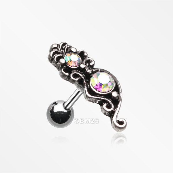 Vintage Floral Cartilage Tragus Barbell-Aurora Borealis