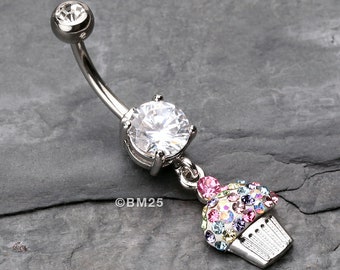 Cupcake Delight Multi-Gem Sparkle Dangle Belly Button Ring-Clear Gem/Rainbow