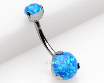 Implant Grade Titanium Internally Threaded Opal Prong Belly Button Ring-Blue Opal