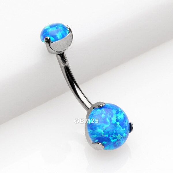 Implant Grade Titanium Internally Threaded Opal Prong Belly Button Ring-Blue Opal