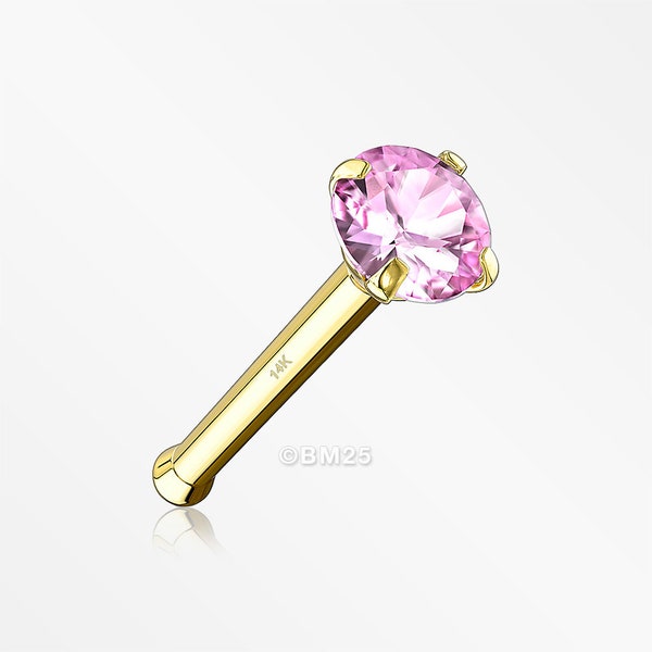 14 Karat Gold Prong Set Gem Top Nose Stud Ring-Pink Gem