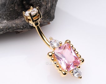 Golden Princess Sparkle Adornment Belly Button Ring-Clear Gem/Pink