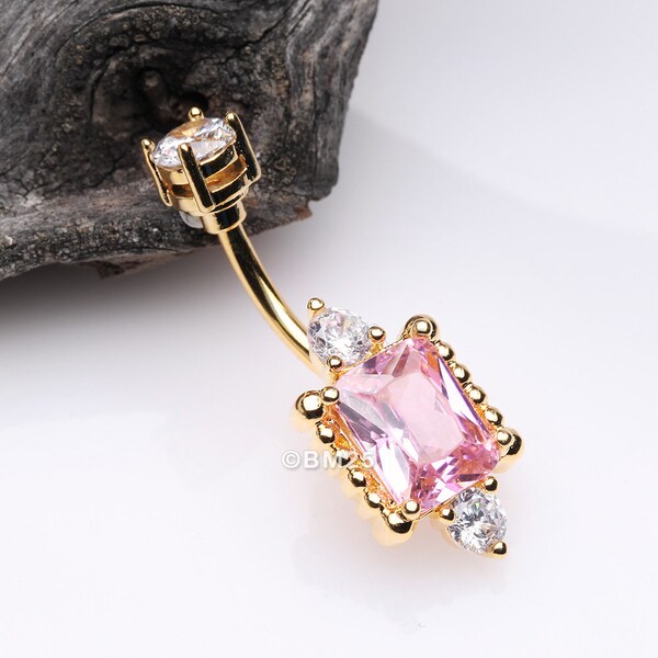 Golden Princess Sparkle Adornment Belly Button Ring-Clear Gem/Pink