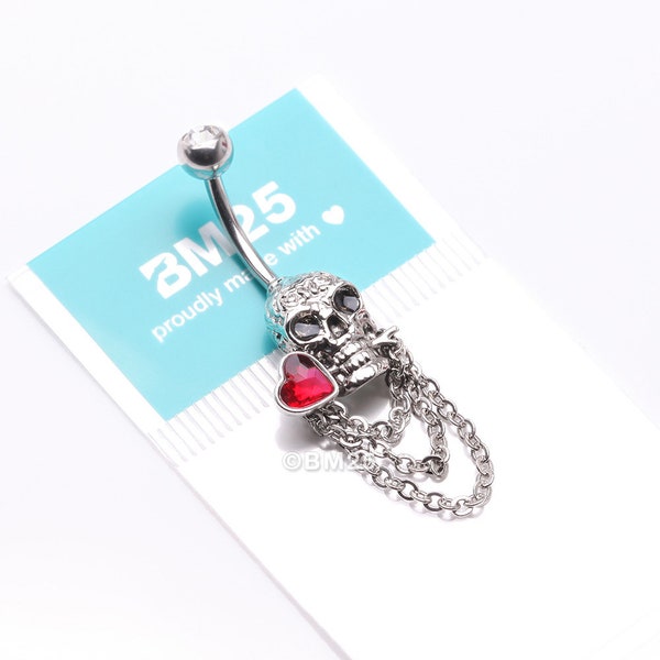 Death Skull Heart Sparkle Chained Dangle Belly Button Ring-Clear Gem/Red