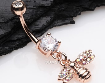 Rose Gold Honey Bee Sparkle Dangle Belly Button Ring-Clear Gem