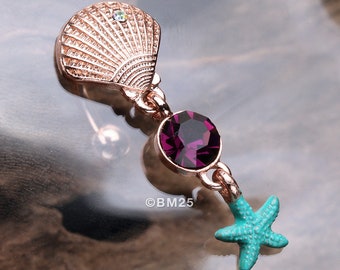 Rose Gold Ariel's Shell Starfish Sparkle Reverse Belly Button Ring-Aurora Borealis/Purple/Aurora Borealis