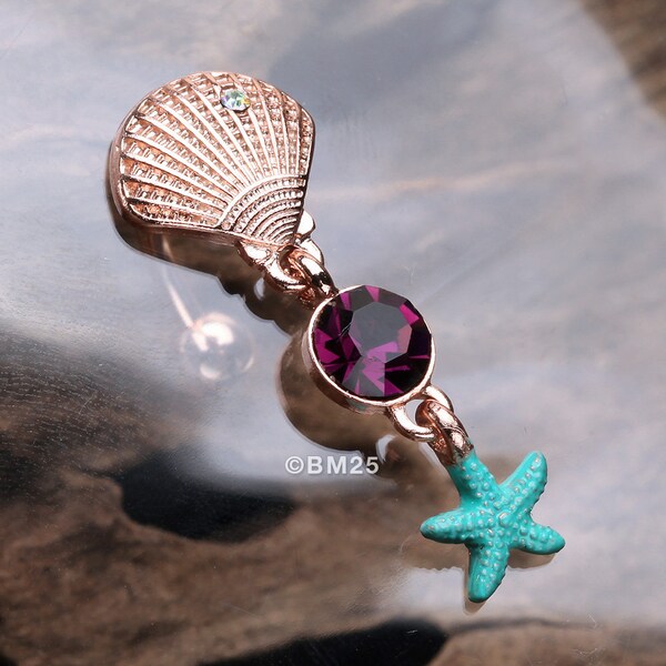 Rose Gold Ariel's Shell Starfish Sparkle Reverse Belly Button Ring-Aurora Borealis/Purple/Aurora Borealis