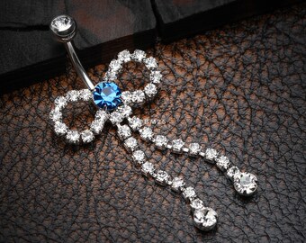 Radiant Sparkles Bow-Tie Belly Button Ring-Clear Gem/Capri Blue