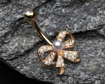 Golden Bow-Tie Splendid Belly Button Ring-Clear Gem