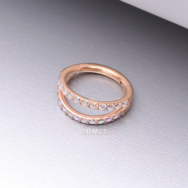 Implant Grade Titanium Rose Gold Double Hoop Gems Seamless Clicker Hoop Ring-Aurora Borealis