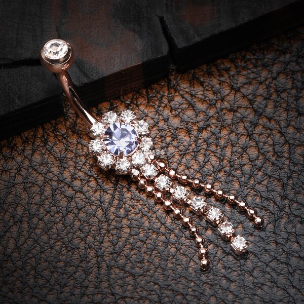 Rose Gold Wonder Sparkle Falls Chandelier Belly Button Ring-Clear Gem/Tanzanite