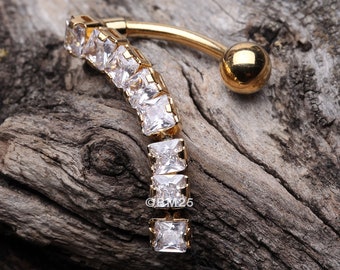 Golden Classic Princess Gems Vertical Sparkle Reverse Belly Button Ring-Clear Gem