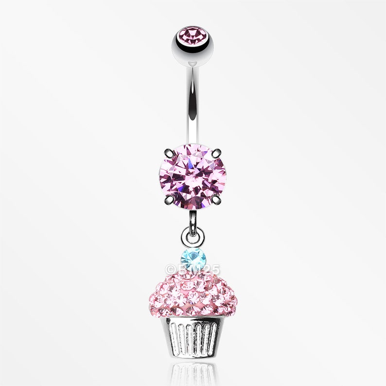 Cupcake Delight Multi-Gem Sparkle Dangle Belly Button Ring Light Pink