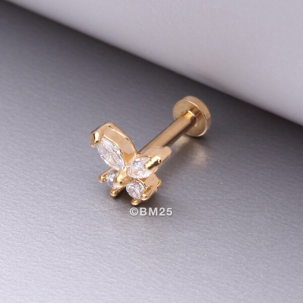 Golden Butterfly Sparkle Prong Set Top Internally Threaded Steel Flat Back Stud Labret-Clear Gem