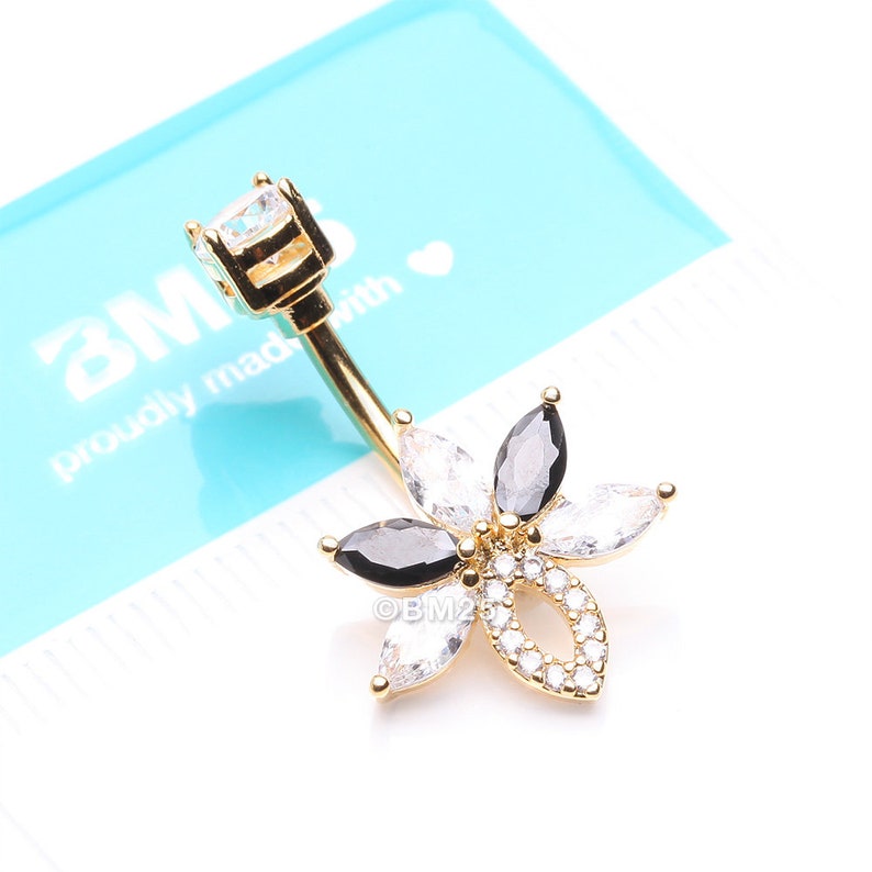 Golden Marquise Brilliance Leaflet Flower Sparkle Belly Button Ring-Clear Gem/Black