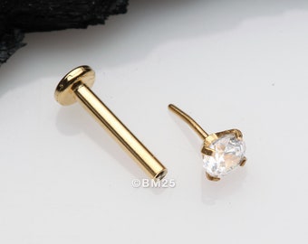 Golden Prong Set Gem Top Threadless Push-In Steel Labret-Clear Gem