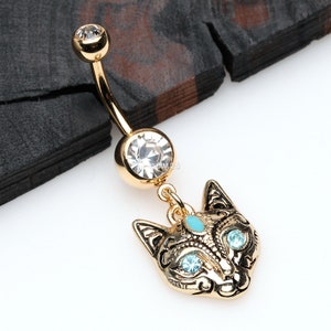 Golden Mystique Kitty Cat Sparkle Belly Button Ring-Clear Gem