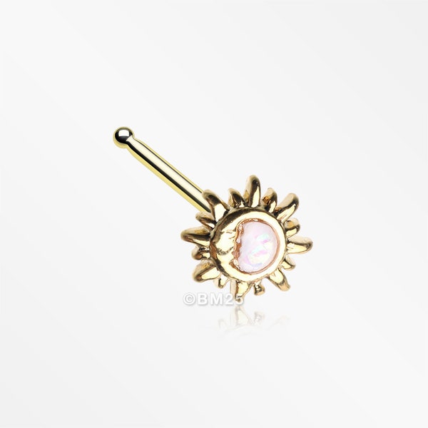 Golden Opalescent Sun and Crescent Moon Nose Stud Ring-White Opal