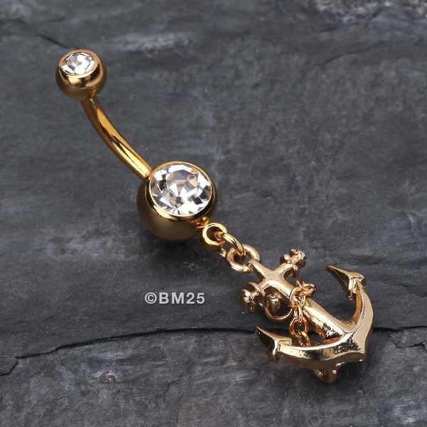 Golden Classic Anchor Belly Ring-Clear Gem