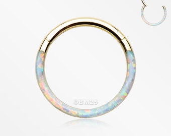 Golden Brilliant Fire Opal Lined Front Facing Seamless Clicker Hoop Ring - White