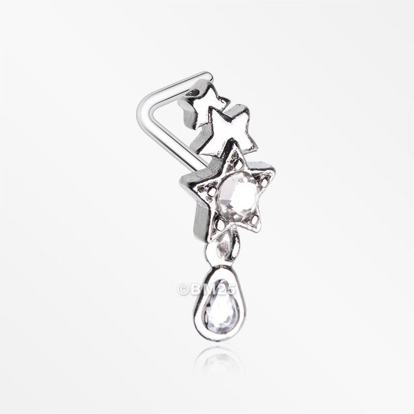 Cascading Shooting Star Sparkle Dangle L-Shaped Nose Ring-Clear Gem