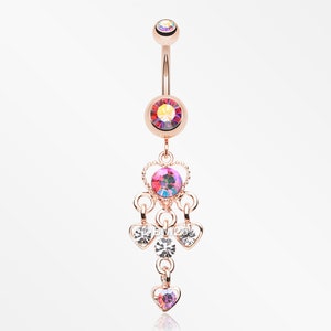 Rose Gold Sparkle Multi Heart Belly Button Ring-Pink/Aurora Borealis