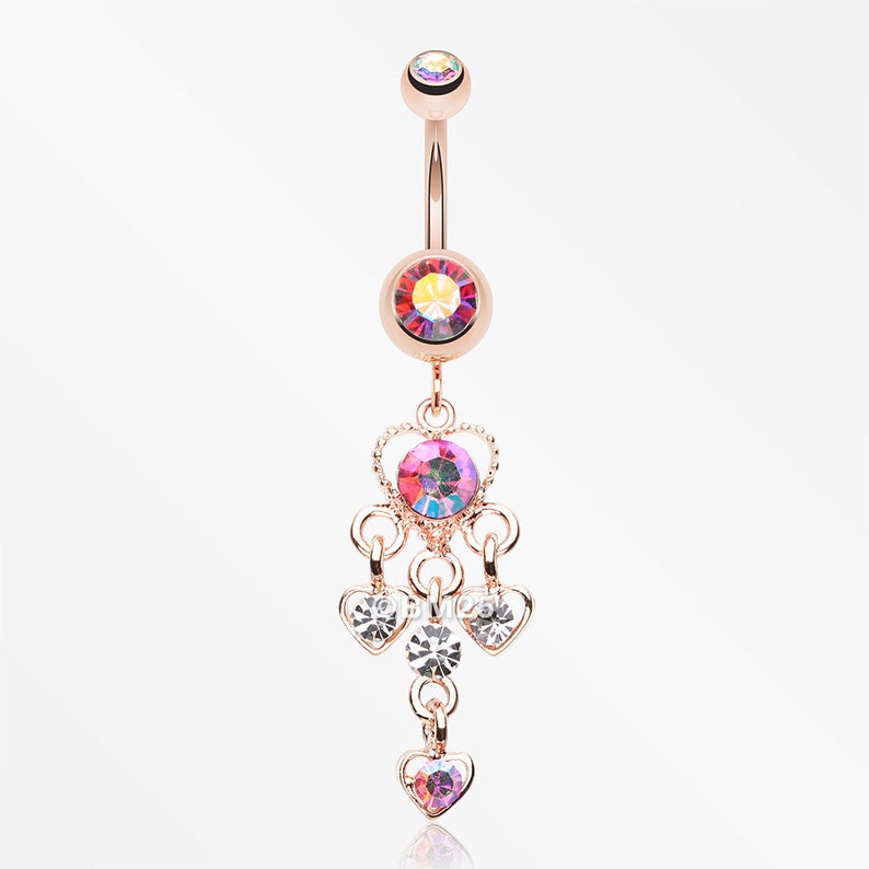 Rose Gold Sparkle Multi Heart Belly Button Ring-Pink/Aurora Borealis