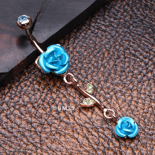 Rose Gold Bright Metal Rose Belly Button Ring-Aqua