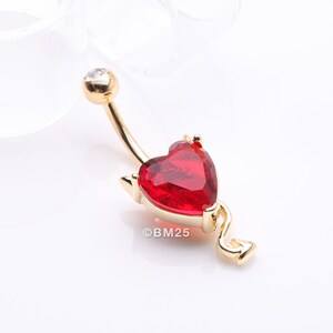 Golden Devilish Sparkle Heart Belly Button Ring-Red