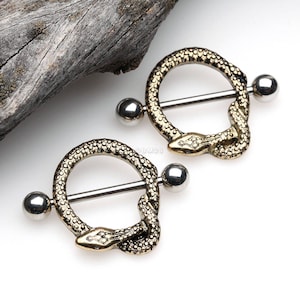 A Pair of Golden Serpent Snake Nipple Shield Ring