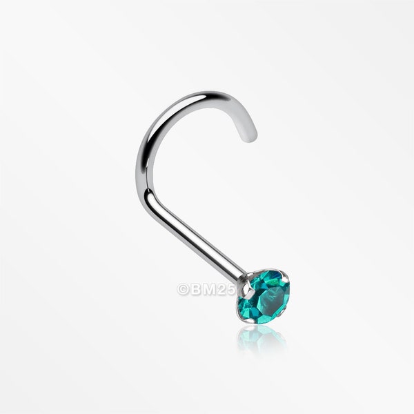 Prong Set Gem Top Steel Nose Screw Ring-Teal