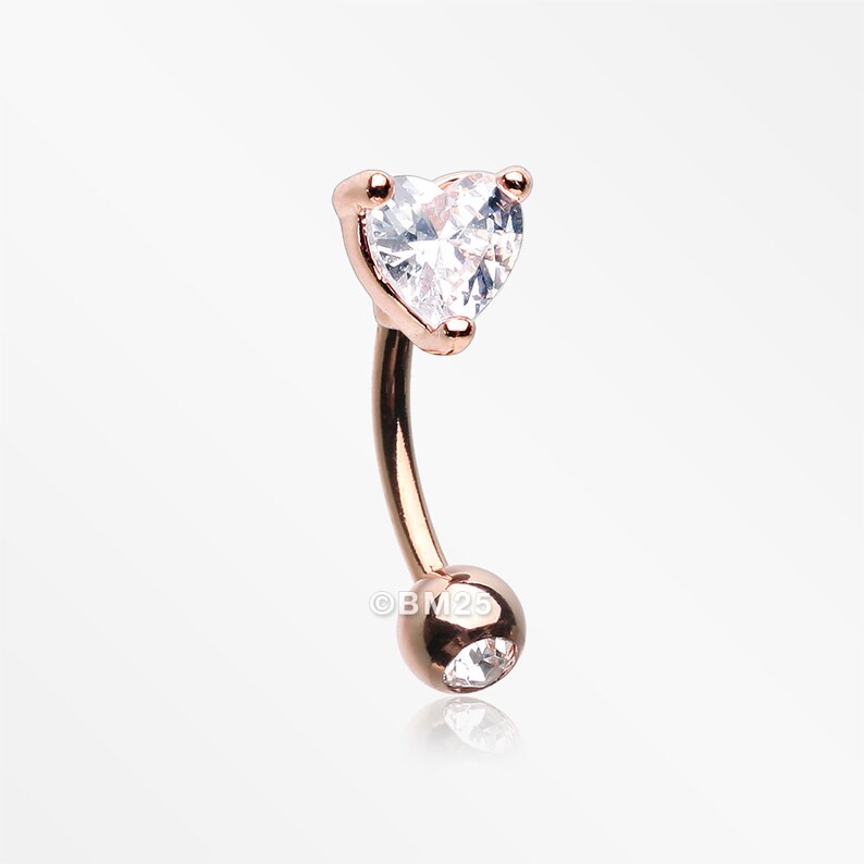 Rose Gold Heart Gem Sparkle Prong Curved Barbell