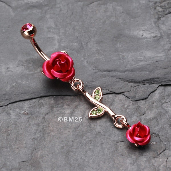 Rose Gold Bright Metal Rose Belly Button Ring-Fuchsia