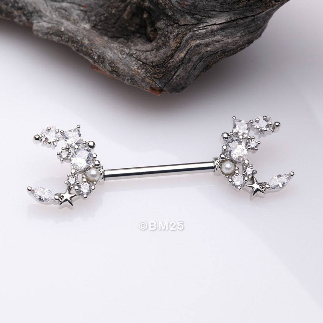 A Pair of Celestial Sparkle Crescent Moon Array Nipple Barbell - Etsy UK