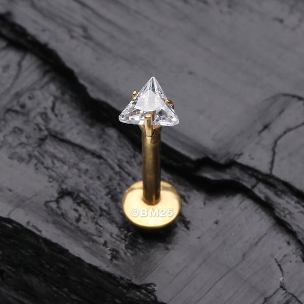 Triangle doré serti de griffes scintillantes en acier à filetage intérieur labret - Gemme transparente