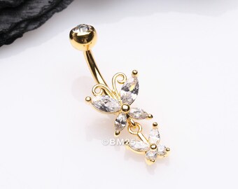 Golden Butterfly Duo Sparkle Belly Button Ring-Clear Gem