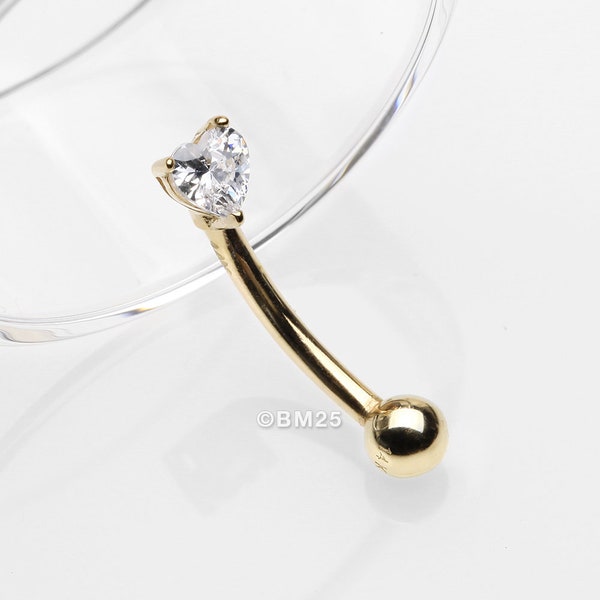 14 Karat Gold Prong Set Heart Gem Sparkle Curved Barbell-Clear Gem