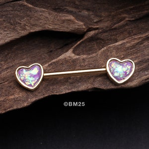 A Pair of Golden Opalescent Heart Sparkle Nipple Barbell - Purple