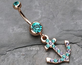 Rose Gold Anchor Gem Sparkle Belly Button Ring-Teal/Tanzanite
