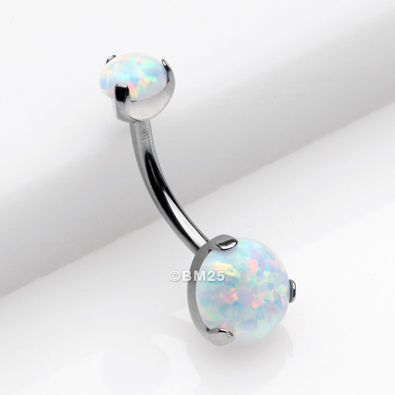 Implant Grade Titanium Internally Threaded Opal Prong Belly Button Ring - White 