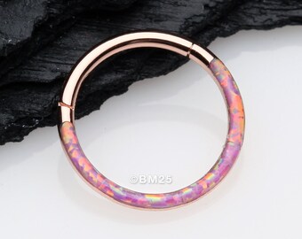 Rose Gold Brilliant Fire Opal Lined Front Facing Seamless Clicker Hoop Ring-Pink Opal