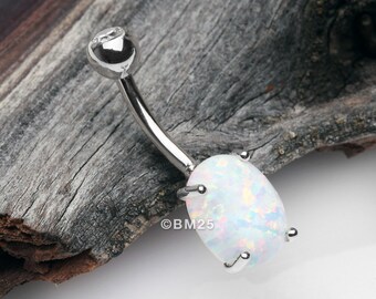 14 Karat White Gold Prong Set Fire Opal Sparkle Belly Button Ring-White Opal