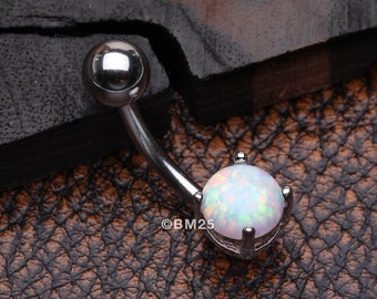 Fire Opal Prong Set Basic Steel Belly Button Ring-White Opal